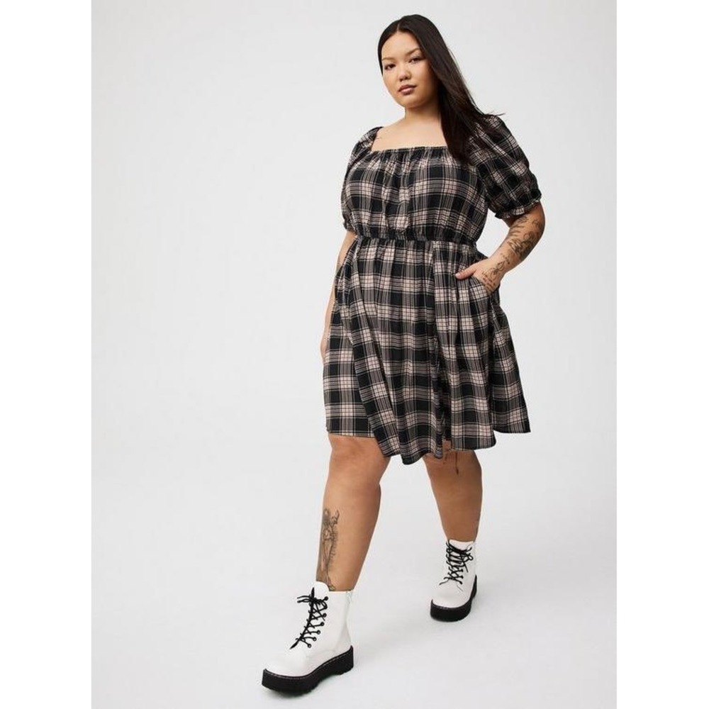 Torrid Elation Plaid Deep‎ Black Mini Puff Sleeve Dress Tan Smocked 1 1X 14 16